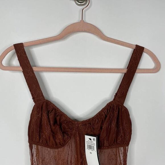 2/$30 NWT Danielle Bernstein Lace Illusion Thong Bodysuit 00 Warm Brown Mesh - Picture 5 of 14
